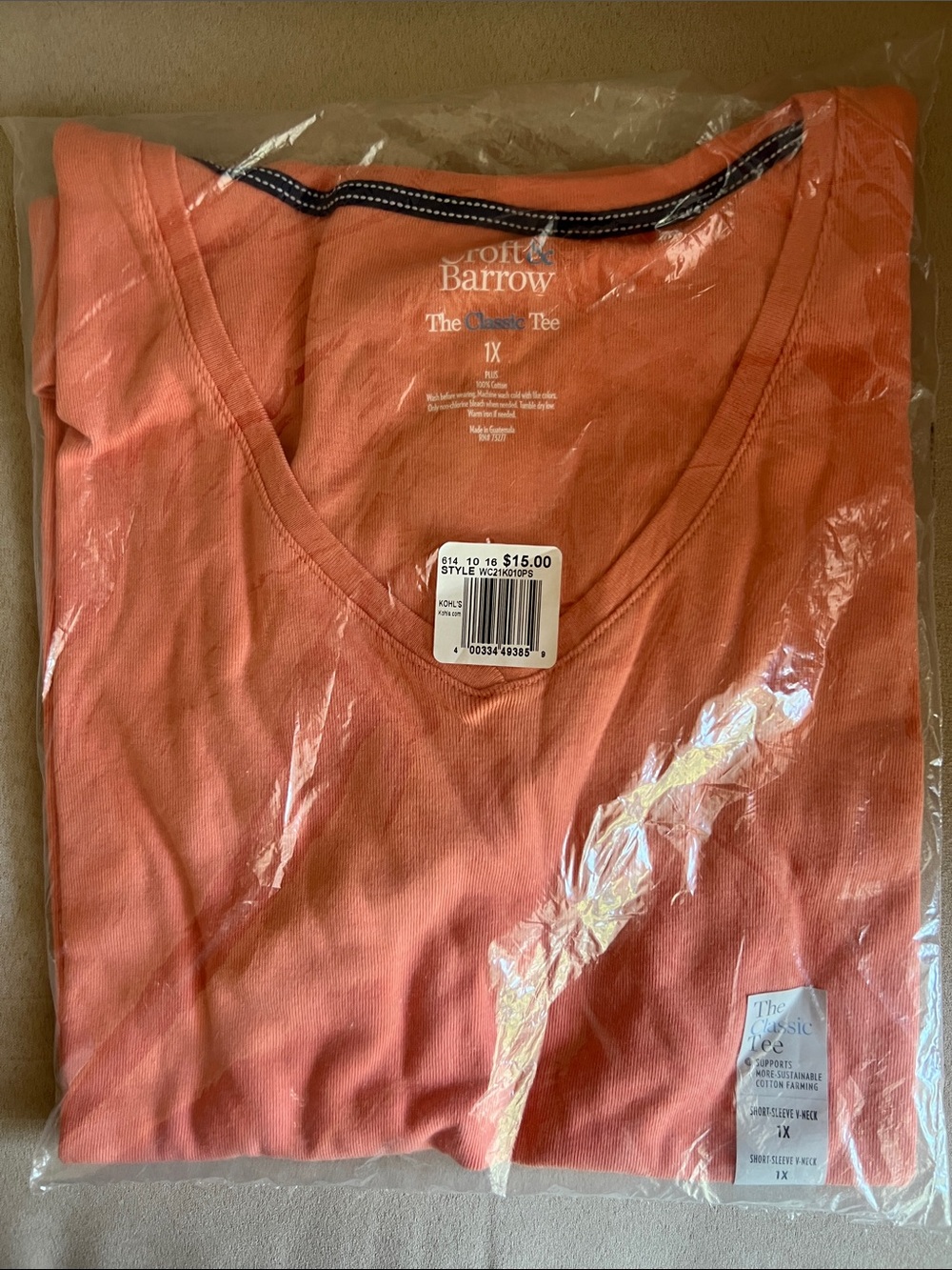 NWT Womens Croft & Barrow Classic V-Neck Tee in Burnt Coral: Size 1X